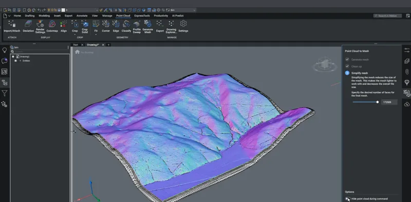 Tela do Octave BricsCAD V27 com uma superfície gerada de nuvem de pontos
